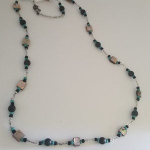 Vintage Beaded Necklace (Teal/Black/Tan) - Costume